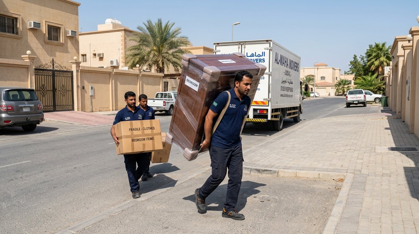 فريق دار الهنا ينقل ويحمل الأثاث المنزلي في أحد أحياء الهيئة الملكية بمدينة الجبيل
