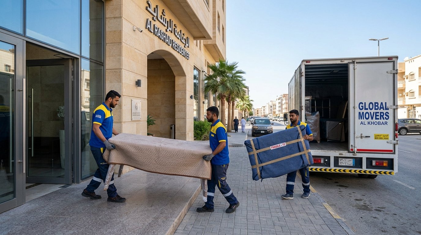 فريق دار الهنا ينقل ويغلف العفش المنزلي في مجمع سكني حديث بمدينة الخبر