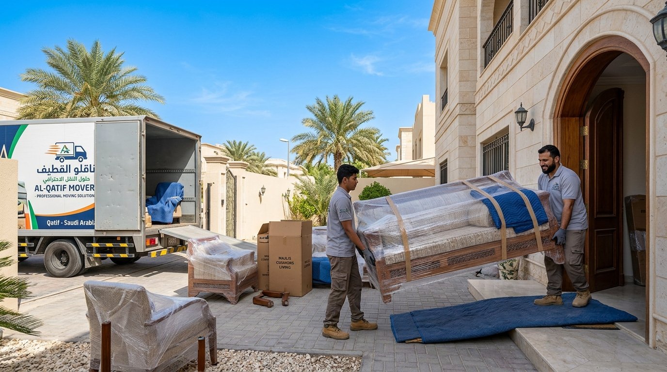 فريق دار الهنا ينقل ويغلف الأثاث المنزلي والمجالس في أحد أحياء محافظة القطيف