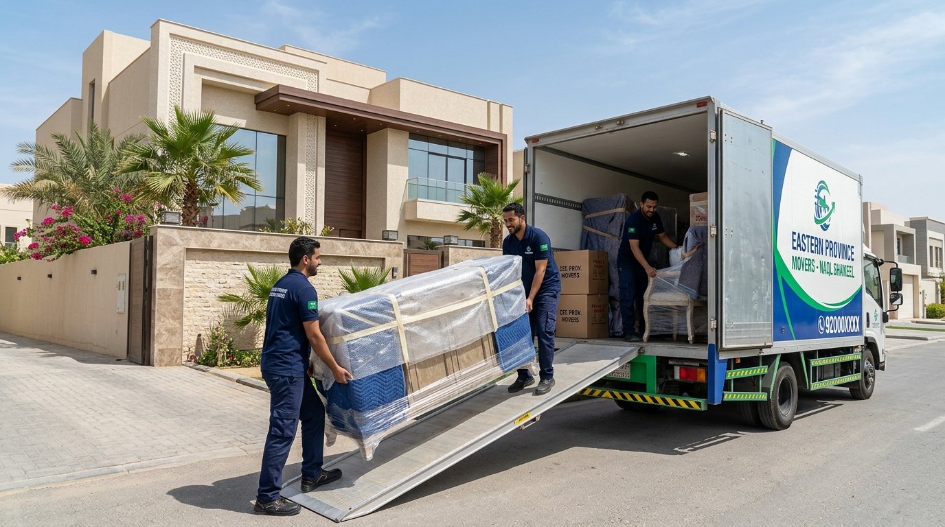 طاقم دار الهنا يغلف وينقل الأثاث المنزلي بين الدمام والخبر في شاحنة دينا مقفلة