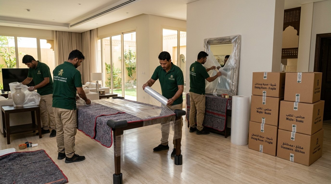 فنيو دار الهنا يقومون بتغليف الأثاث المنزلي بالكرتون المقوى والبابلز والاستريتش