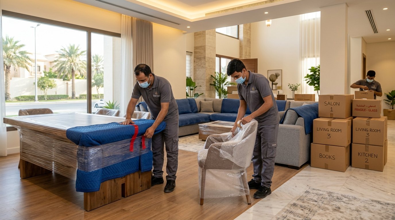 فريق دار الهنا يقوم بعمليات تغليف أثاث احترافية بالبابلز والكرتون بالدمام