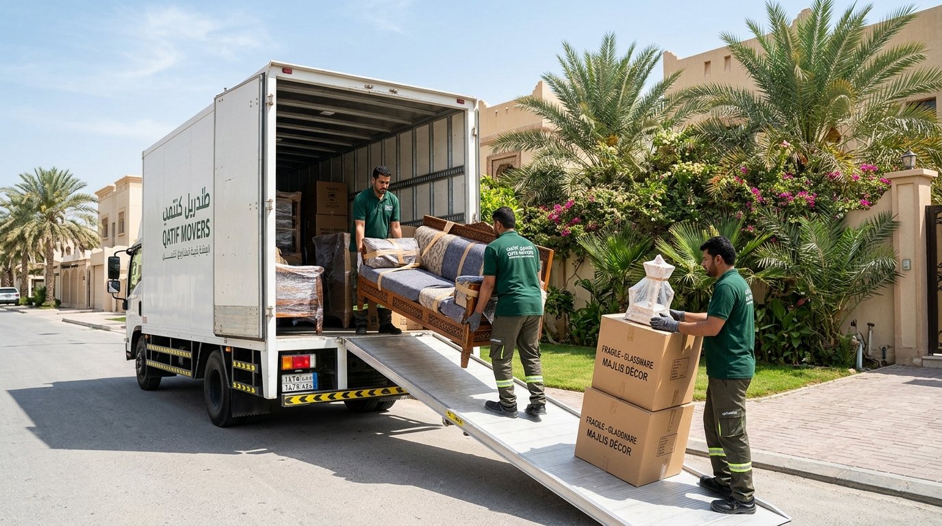 طاقم دار الهنا المتخصص ينفذ نقل وتغليف أثاث فيلا عائلية ومجلس تراثي واسع في محافظة القطيف